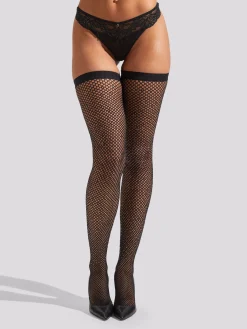 Plain Top Fishnet Diamante Hold Ups - Black
