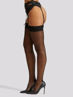 Plain Top Seamed Glossy Stockings - Black