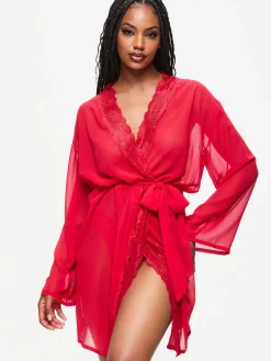 Promising Lace Trim Robe - Red
