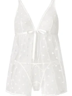 Queen of Hearts Crotchless Babydoll Lingerie 2 Piece Set - Ivory