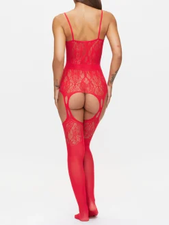 Risk Taker Fishnet Lace Crotchless Bodystocking - Red