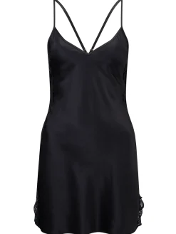 Rosalie Satin Lace Trim Chemise Lingerie - Black