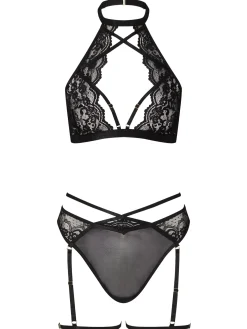 Rosella Lace Halterneck Crotchless Lingerie 2 Piece Set - Black