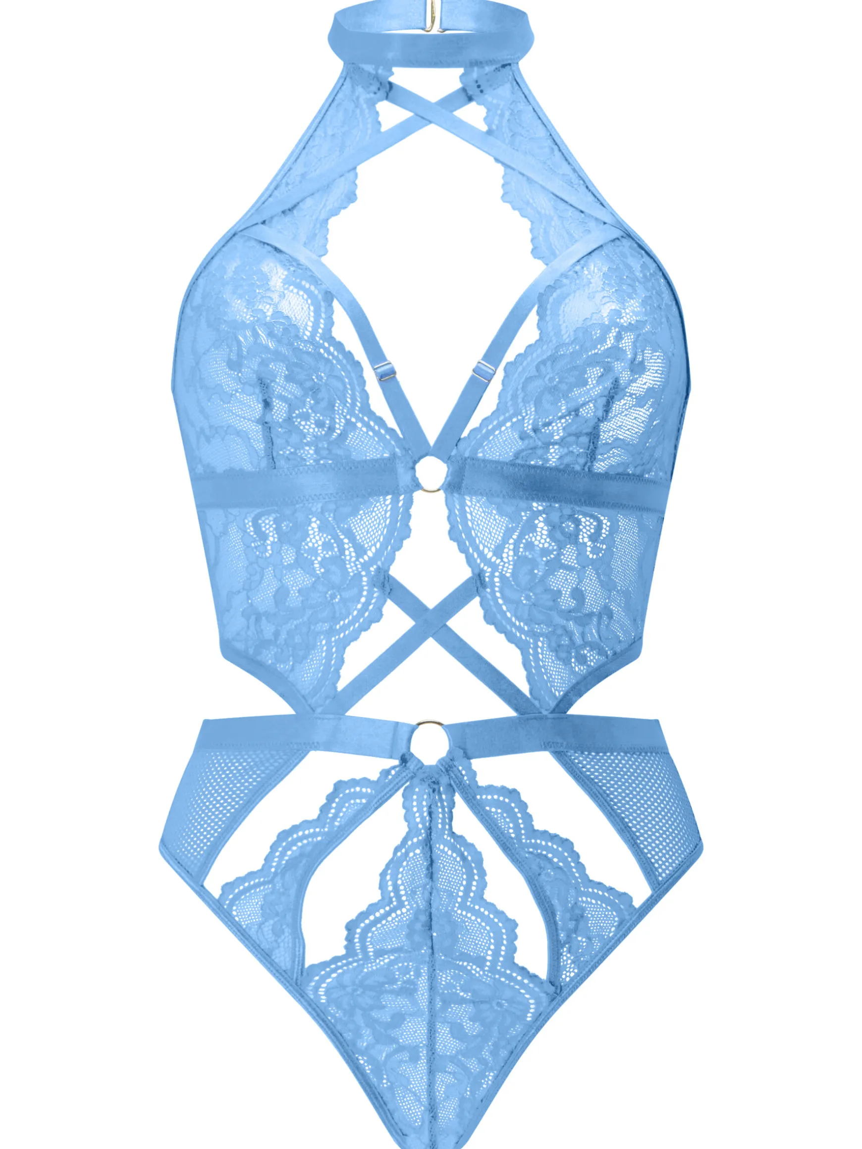 Rosella Lace Halterneck Crotchless Lingerie Body - Light Blue