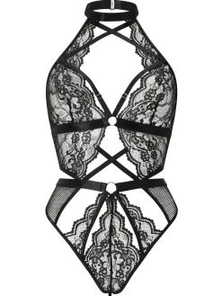 Rosella Lace Halterneck Crotchless Lingerie Body - Black