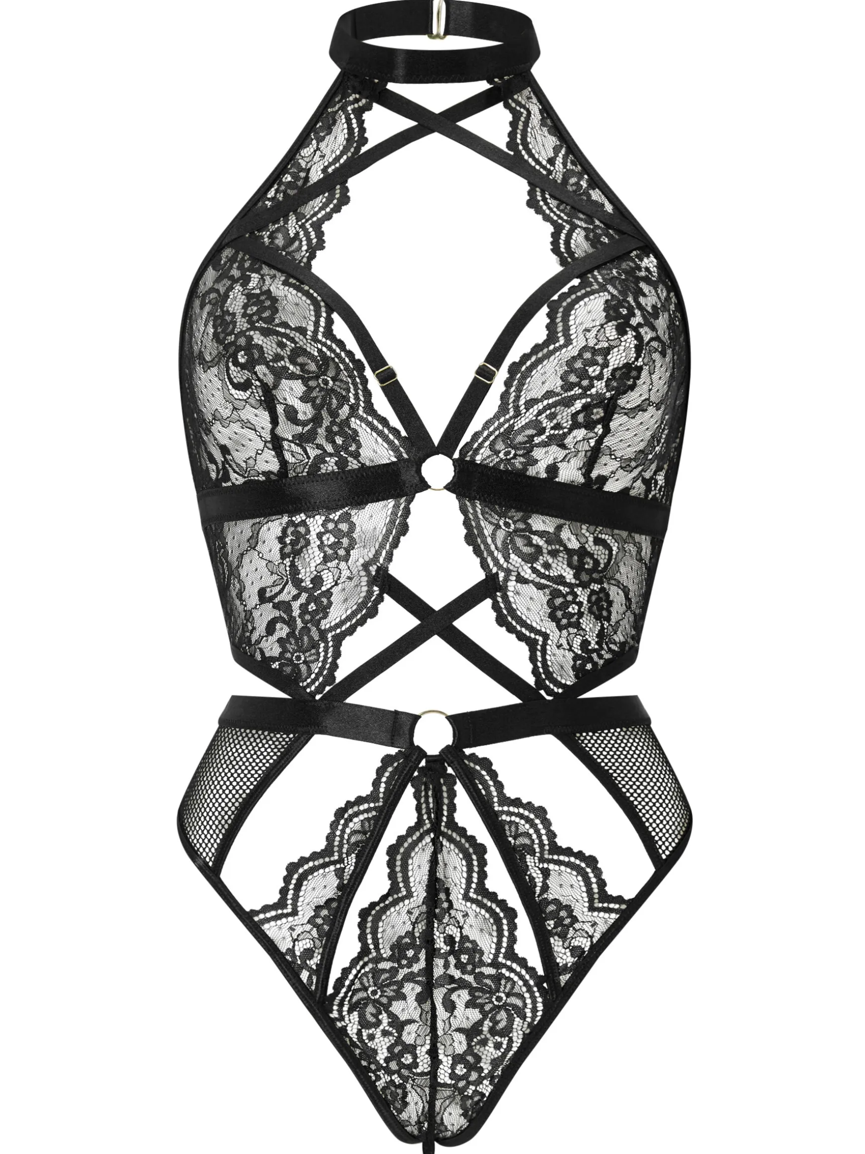 Rosella Lace Halterneck Crotchless Lingerie Body - Black