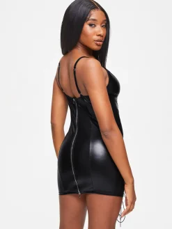 Saskia PU Lace Up Zip Through Back Erotic Mini Dress - Black