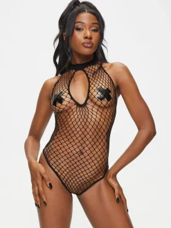 Seductive Fishnet Open Cup Crotchless Lingerie Body - Black
