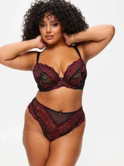 Sexy Lace Fuller Bust Non Padded Plunge Bra - Black/Red