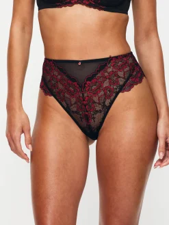 Sexy Lace High Waisted Brazilian Knickers - Black/Red