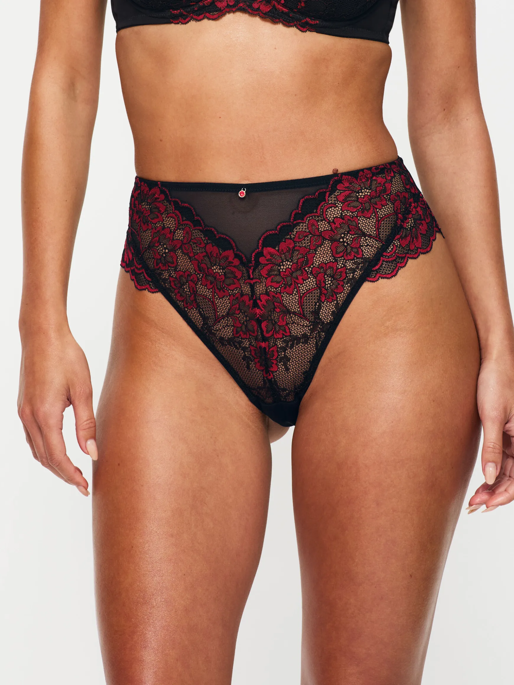 Sexy Lace High Waisted Brazilian Knickers - Black/Red