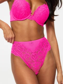 Sexy Lace High Waisted Brazilian Knickers - Bright Pink