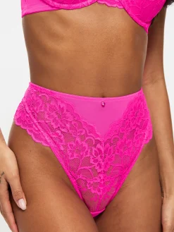 Sexy Lace High Waisted Brazilian Knickers - Bright Pink