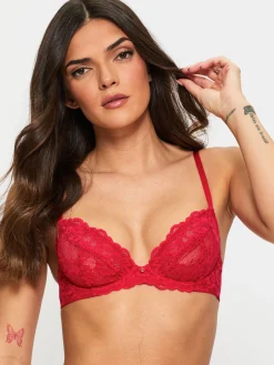 Sexy Lace Non Padded Plunge Bra - Red