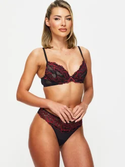 Sexy Lace Non Padded Plunge Bra - Black/Red