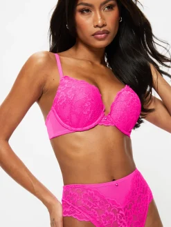Sexy Lace Padded Boost Plunge Bra - Bright Pink