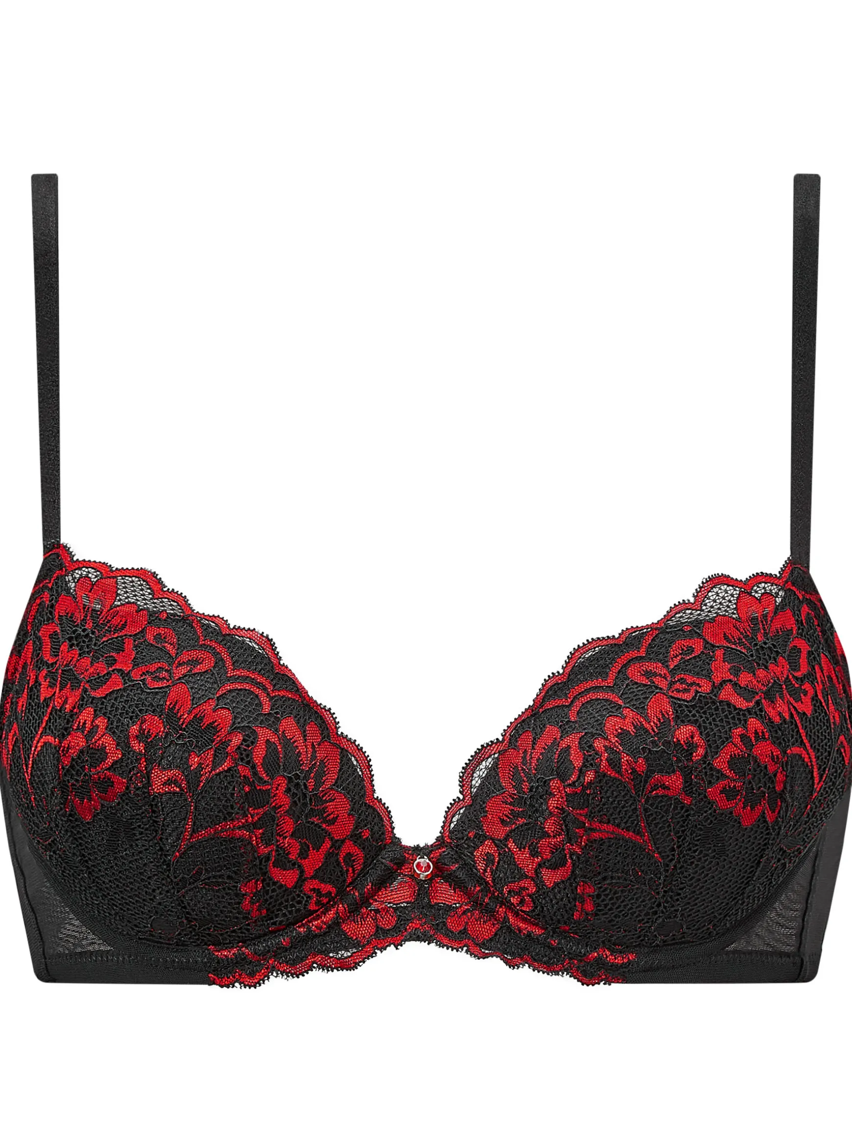 Sexy Lace Padded Plunge Bra - Black/Red