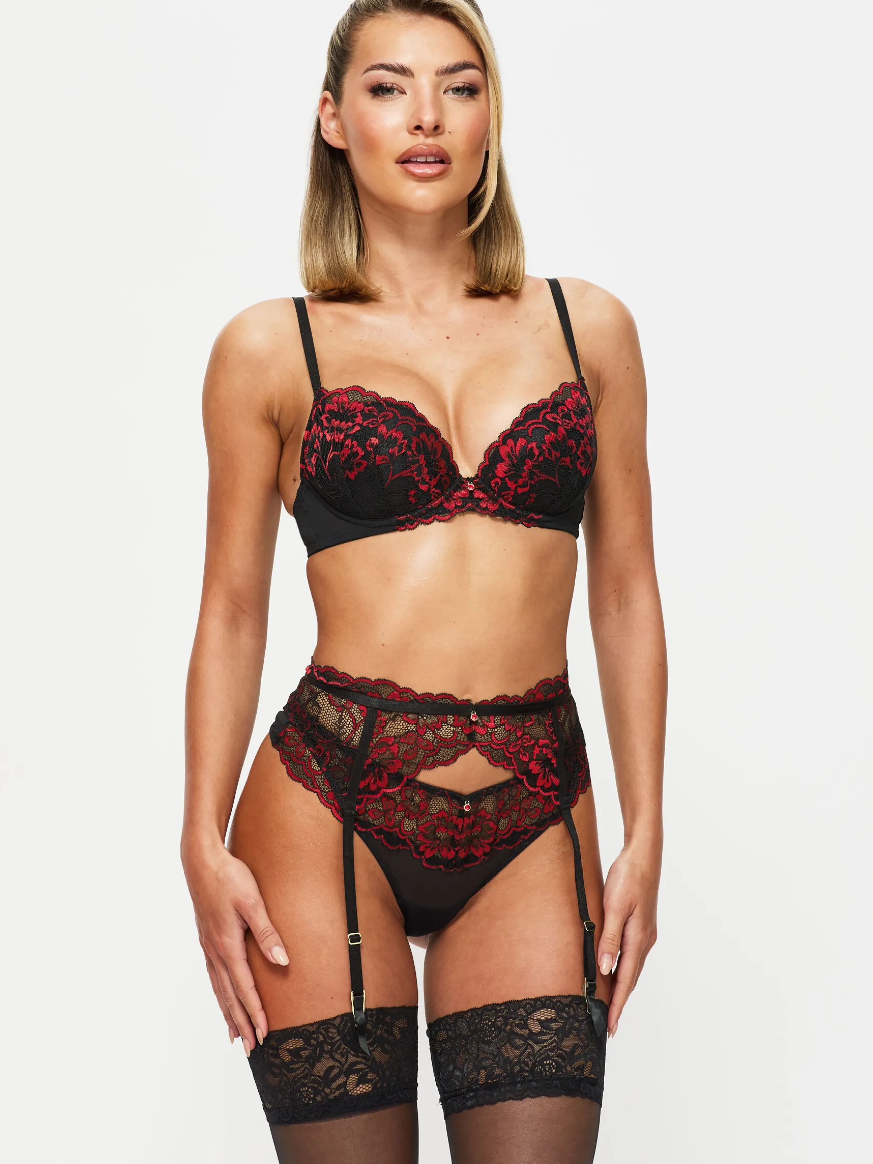 Sexy Lace Padded Plunge Bra - Black/Red