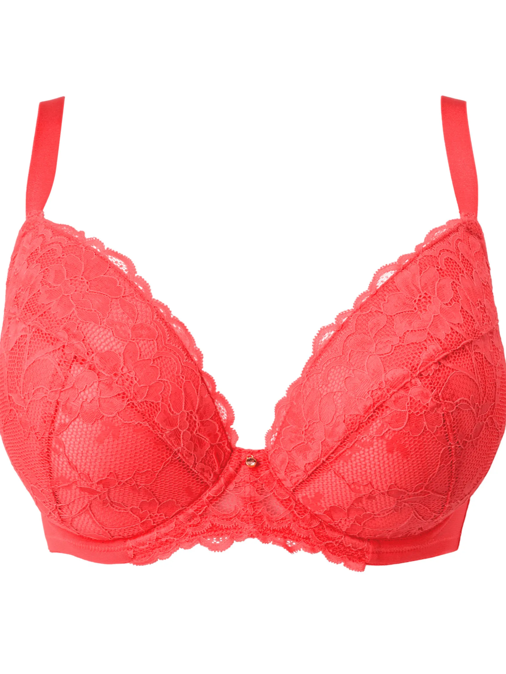 Sexy Lace Padded Plunge Bra - Coral
