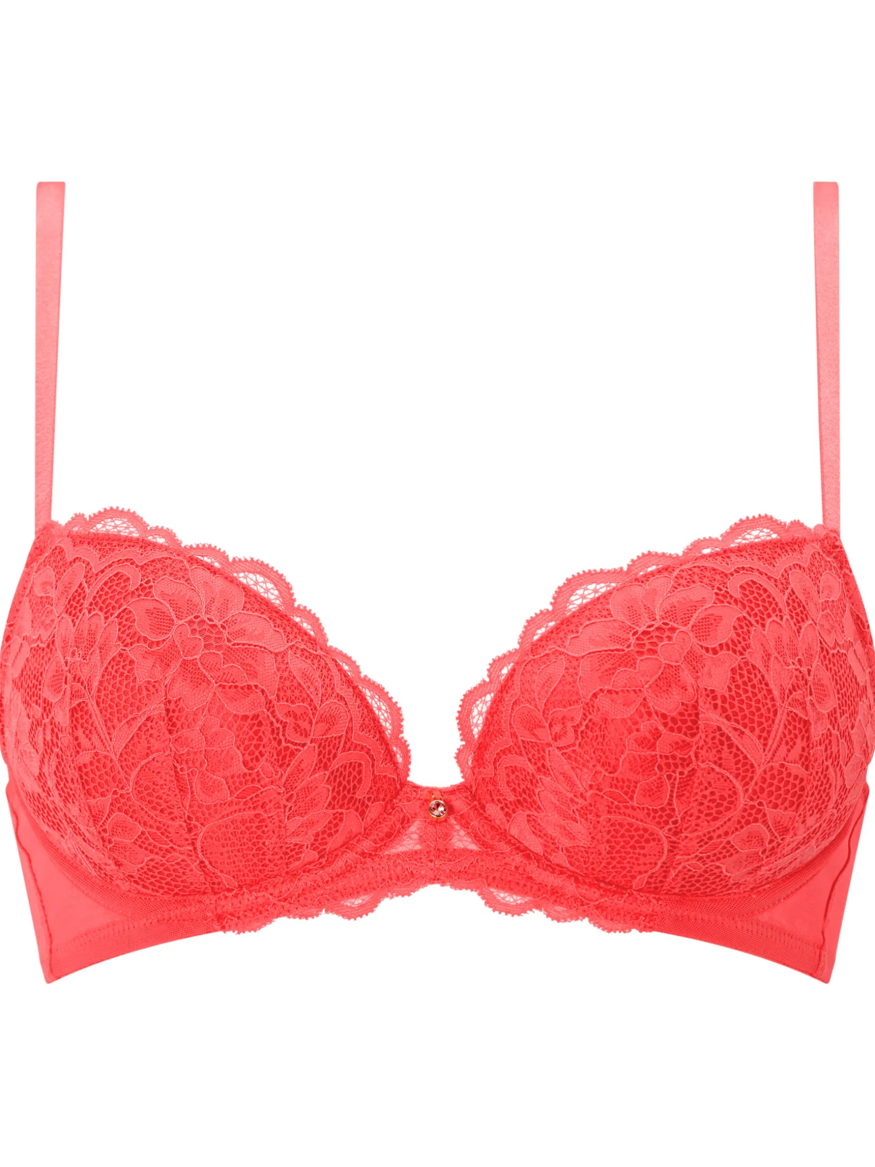 Sexy Lace Padded Plunge Bra - Coral