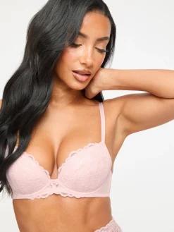 Sexy Lace Padded Plunge Bra - Pale Pink