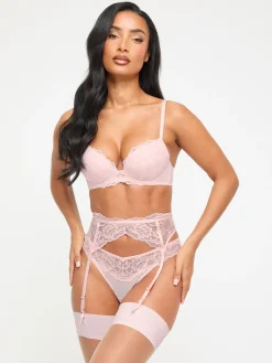 Sexy Lace Padded Plunge Bra - Pale Pink
