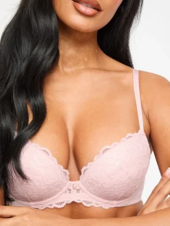 Sexy Lace Padded Plunge Bra - Pale Pink