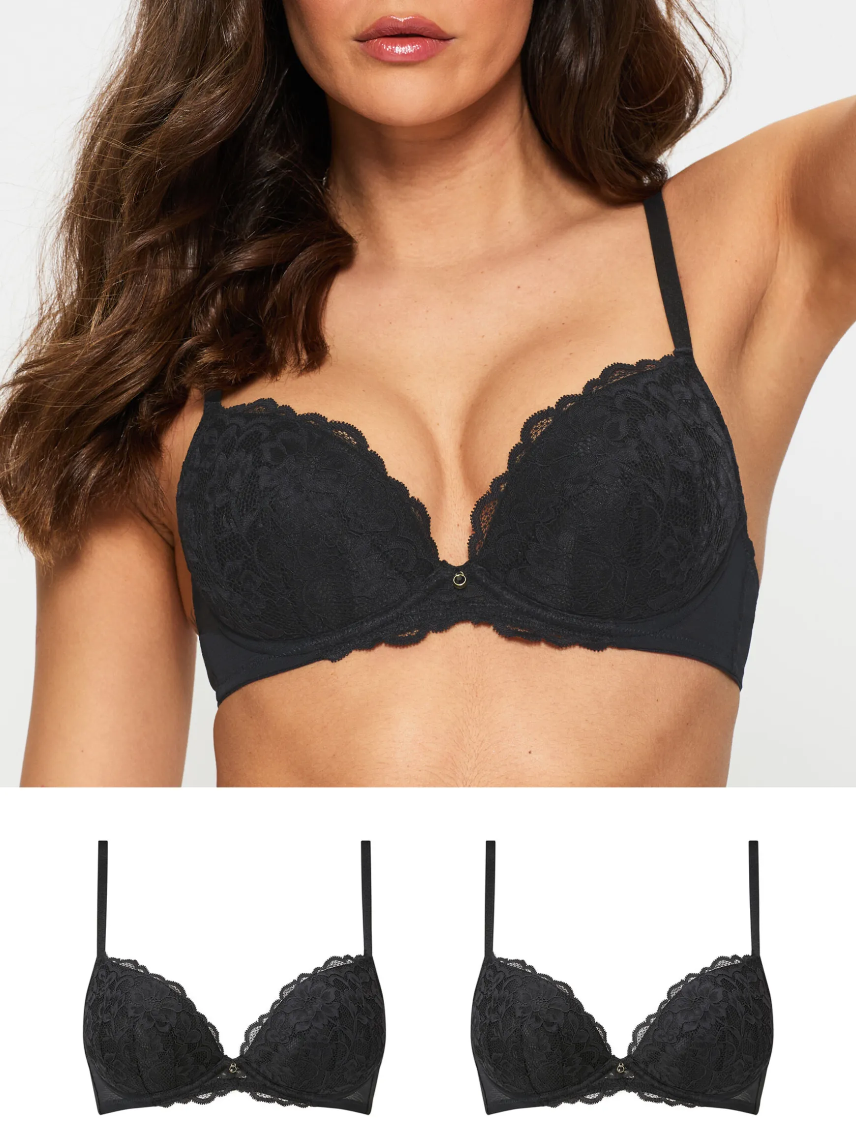 Sexy Lace Padded Plunge Bra - Pack of 2 - Black/Nude