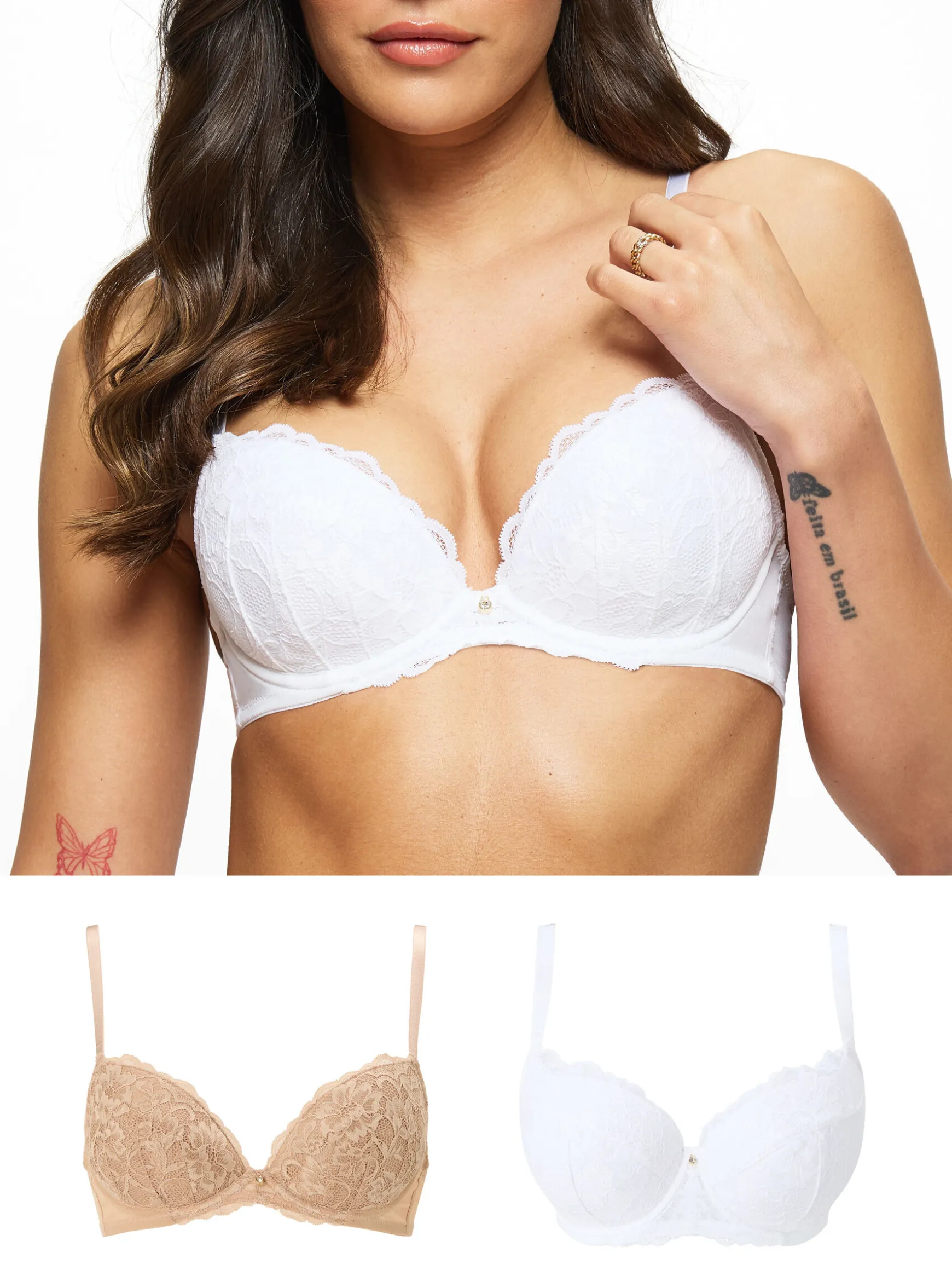 Sexy Lace Padded Plunge Bra - Pack of 2 - White/Blush