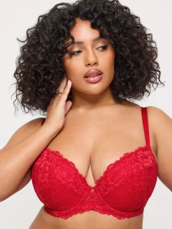 Sexy Lace Padded Plunge Bra - Red