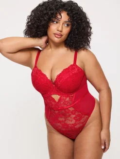 Sexy Lace Padded Plunge Lingerie Body - Red