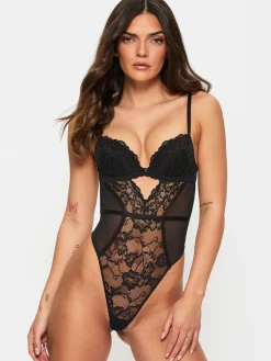 Sexy Lace Padded Plunge Lingerie Body - Black