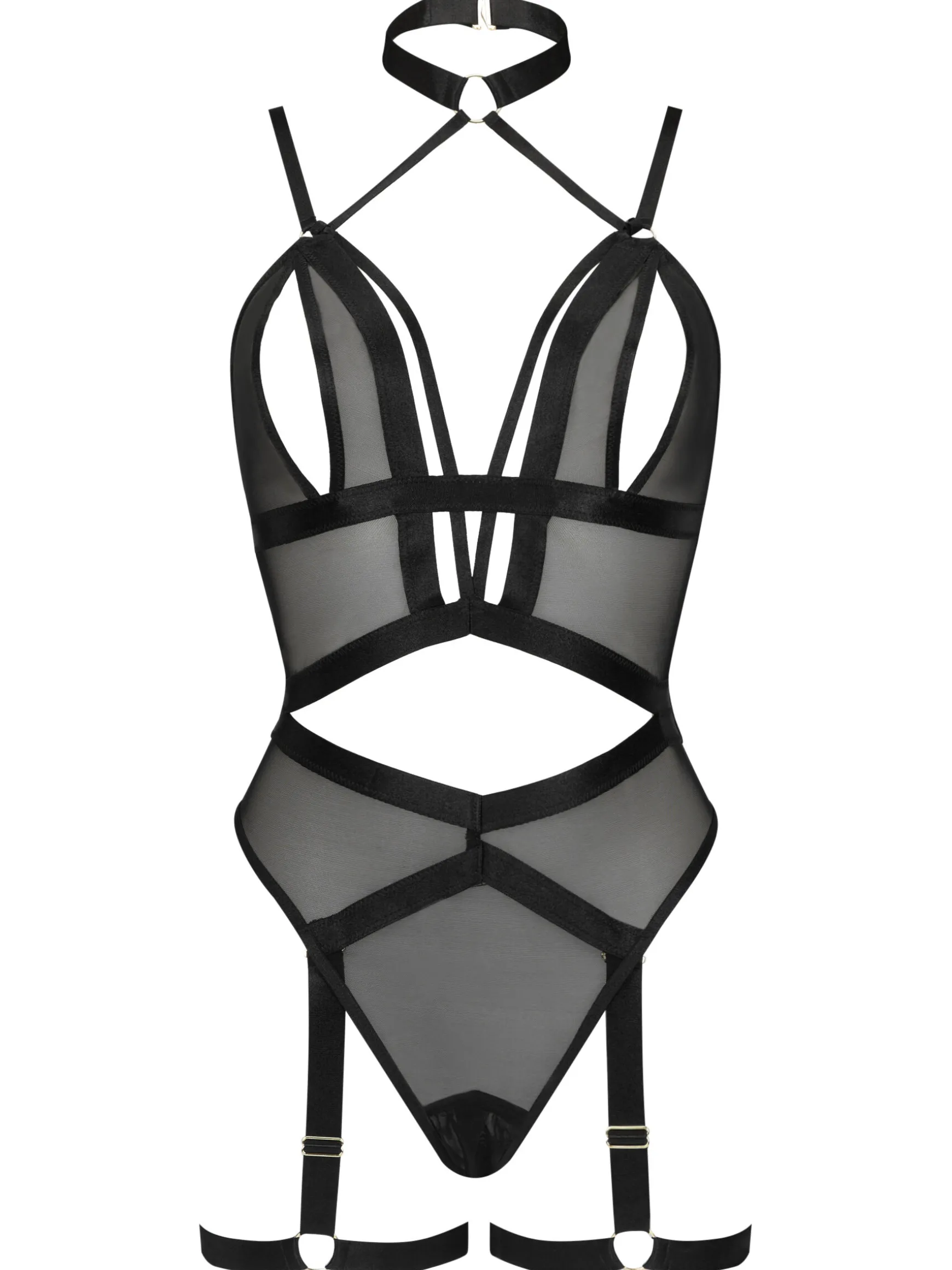 Shadow Mesh Peep Hole Crotchless Lingerie Body - Black