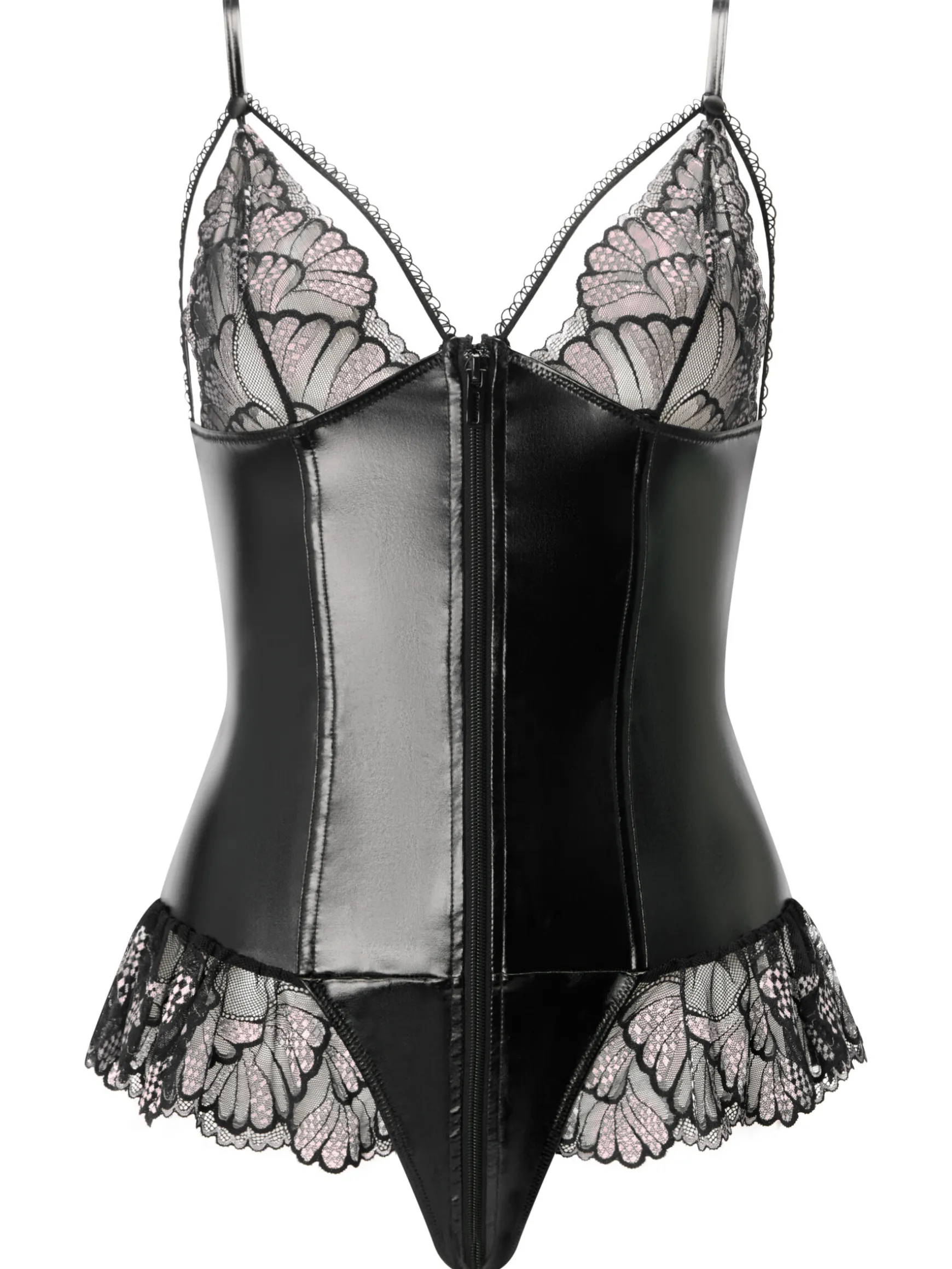 Sultry Affair PU Zip Through Crotchless Teddy Lingerie - Black/Pink