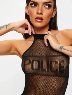 Sultry Sergeant Crotchless Police Body Costume with Suspenders - Black