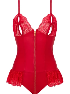Tasha PU Peep Hole Zip Through Crotchless Teddy Lingerie - Red