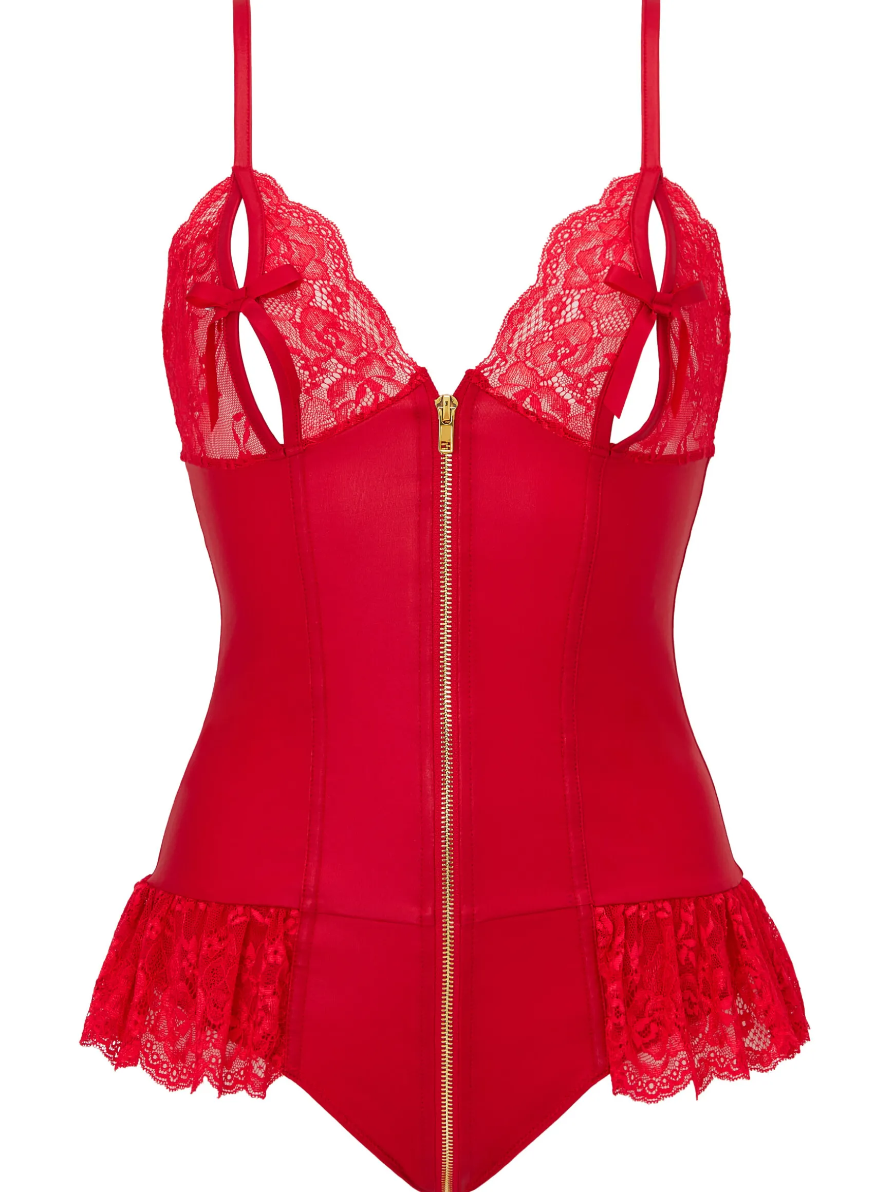 Tasha PU Peep Hole Zip Through Crotchless Teddy Lingerie - Red
