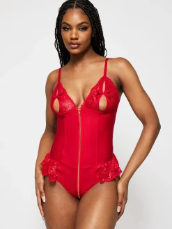 Tasha PU Peep Hole Zip Through Crotchless Teddy Lingerie - Red