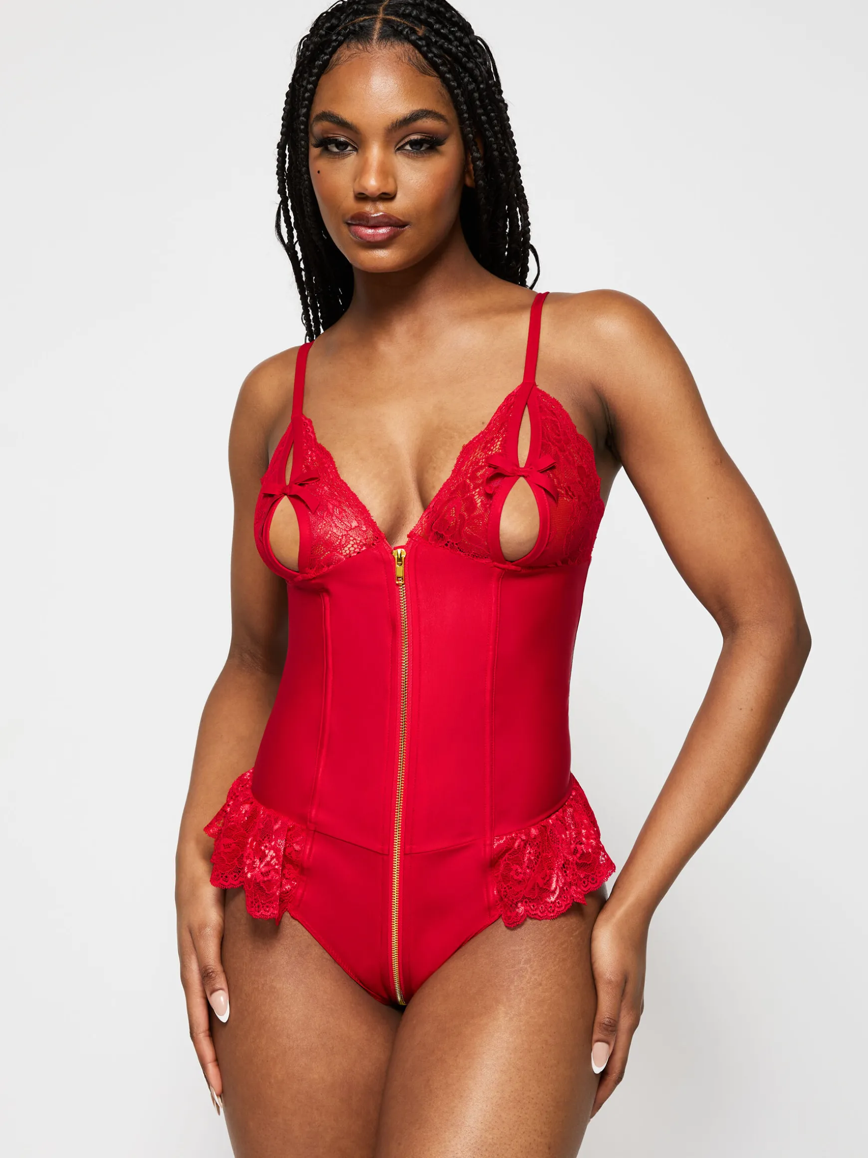 Tasha PU Peep Hole Zip Through Crotchless Teddy Lingerie - Red