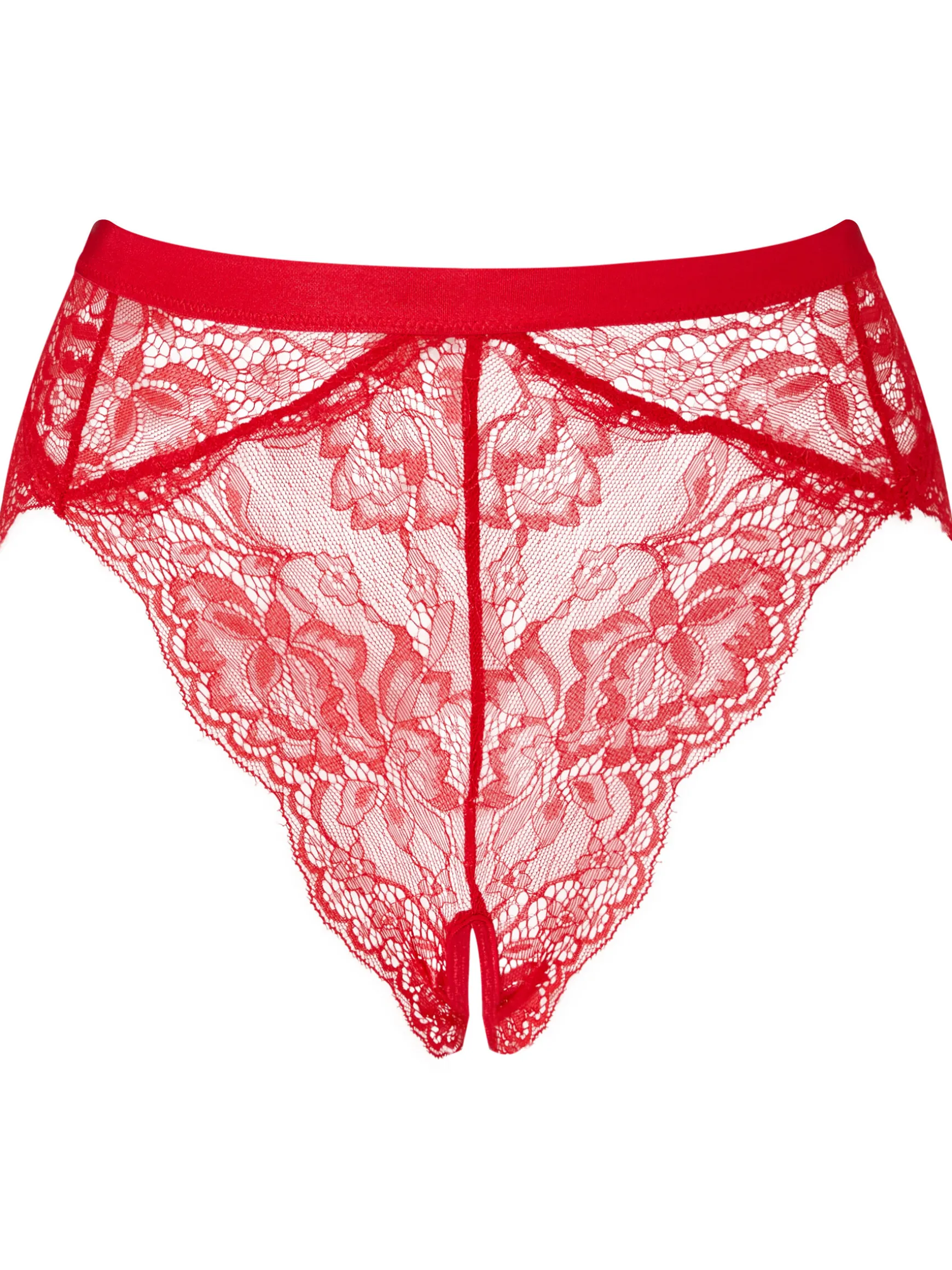 Unwrap Me Lace High Waisted Crotchless Brazilian Knickers - Red