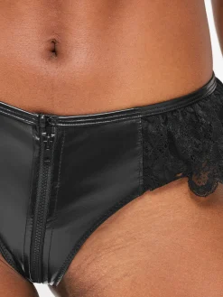 Unzipped PU & Lace Crotchless Brazilian Knickers - Black