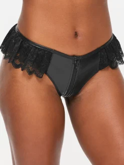 Unzipped PU & Lace Crotchless Brazilian Knickers - Black