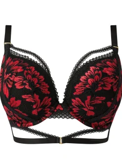 Yours Truly Lace Padded Plunge Bra - Black/Red