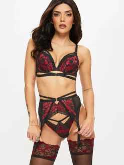 Yours Truly Lace Suspender Belt - Black/Red