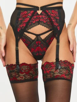 Yours Truly Lace Suspender Belt - Black/Red