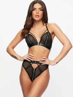Zorah Fishnet Zip Peephole Crotchless Lingerie 2 Piece Set - Black