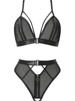 Zorah Fishnet Zip Peephole Crotchless Lingerie 2 Piece Set - Black