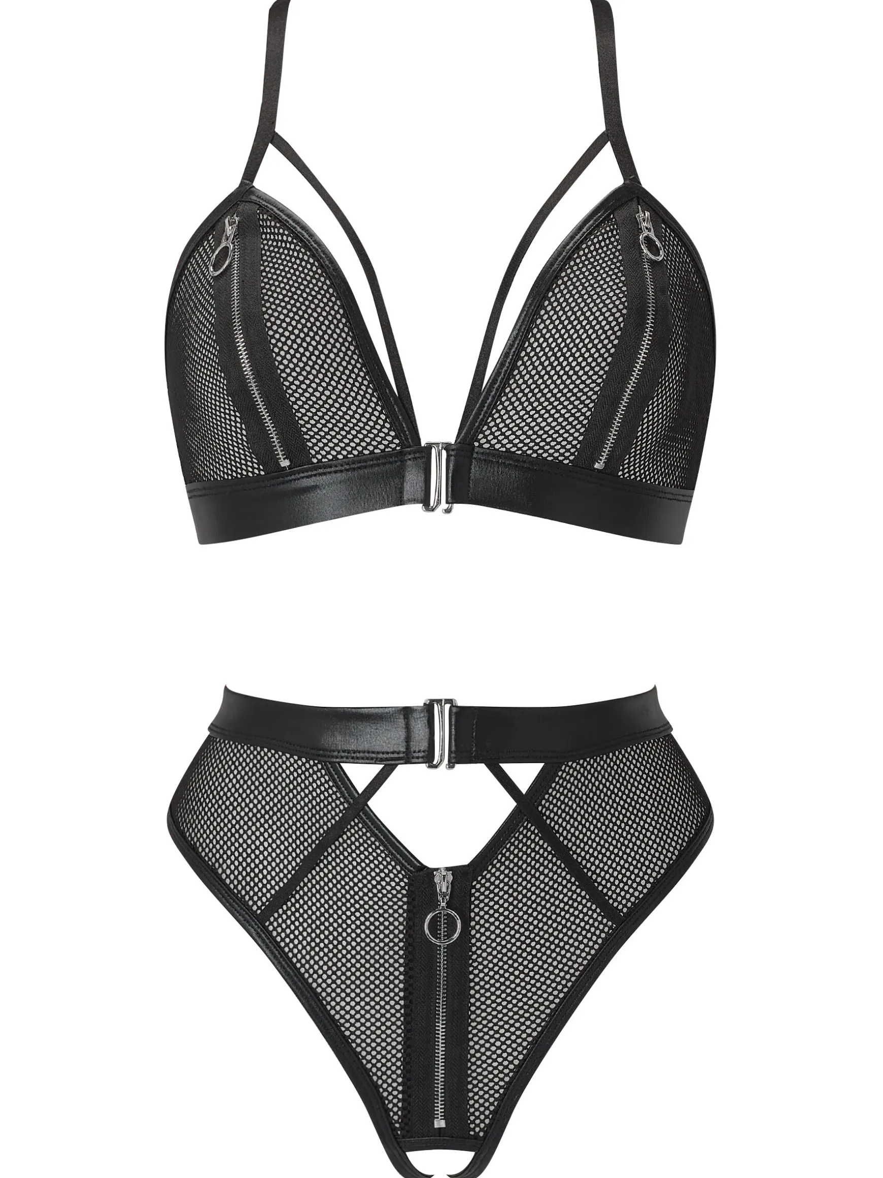 Zorah Fishnet Zip Peephole Crotchless Lingerie 2 Piece Set - Black