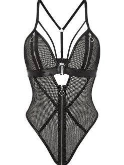Zorah Fishnet Zip Peephole Crotchless Lingerie Body - Black