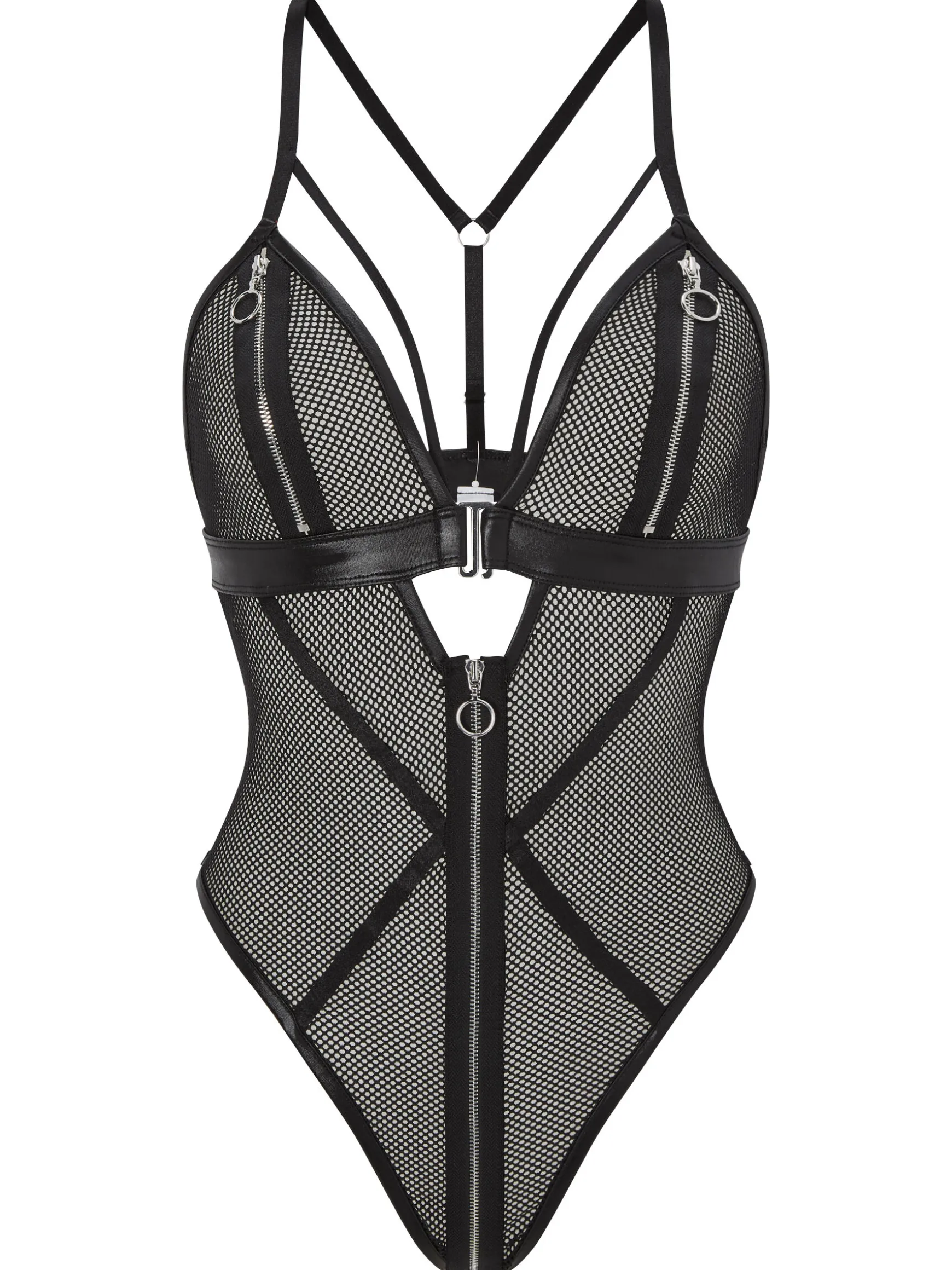 Zorah Fishnet Zip Peephole Crotchless Lingerie Body - Black